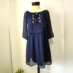 Navy Blue Aztec Embroidered Midi Dress. Size Small